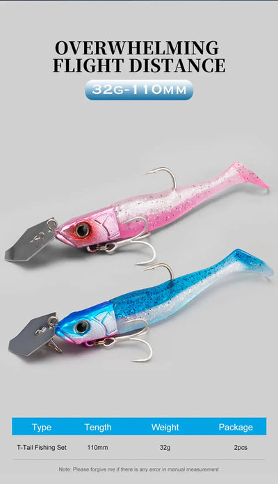 TSURINOYA FLUTTER T-tail lure pair, pink and blue with treble hooks