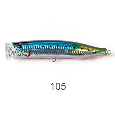 Topwater wobbler fishing lure, teal top with iridescent silver body and red eye