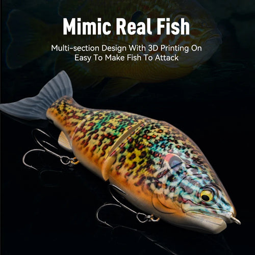 Speckled orange-and-blue jointed fishing swimbait with treble hooks