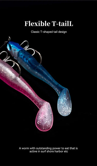Soft T-tail fishing lures in pink and blue with treble hooks and speckled glitter