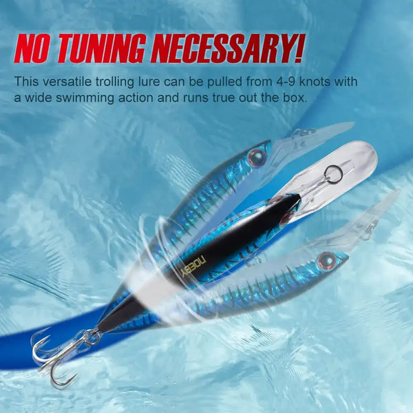 Sinking trolling minnow fishing lures, blue shimmer bodies with treble hooks