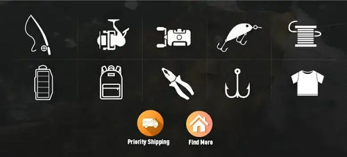 Fishing product service icons panel with shipping, store, and tackle symbols