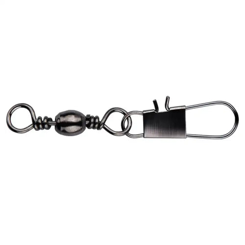 Single black nickel snap swivel fishing connector with rolling swivel and snap rings