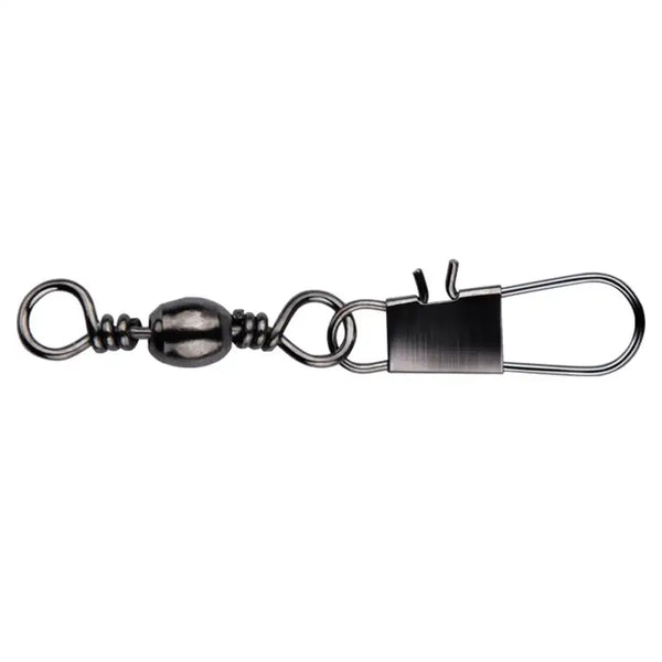 Single black nickel snap swivel fishing connector with rolling swivel and snap rings
