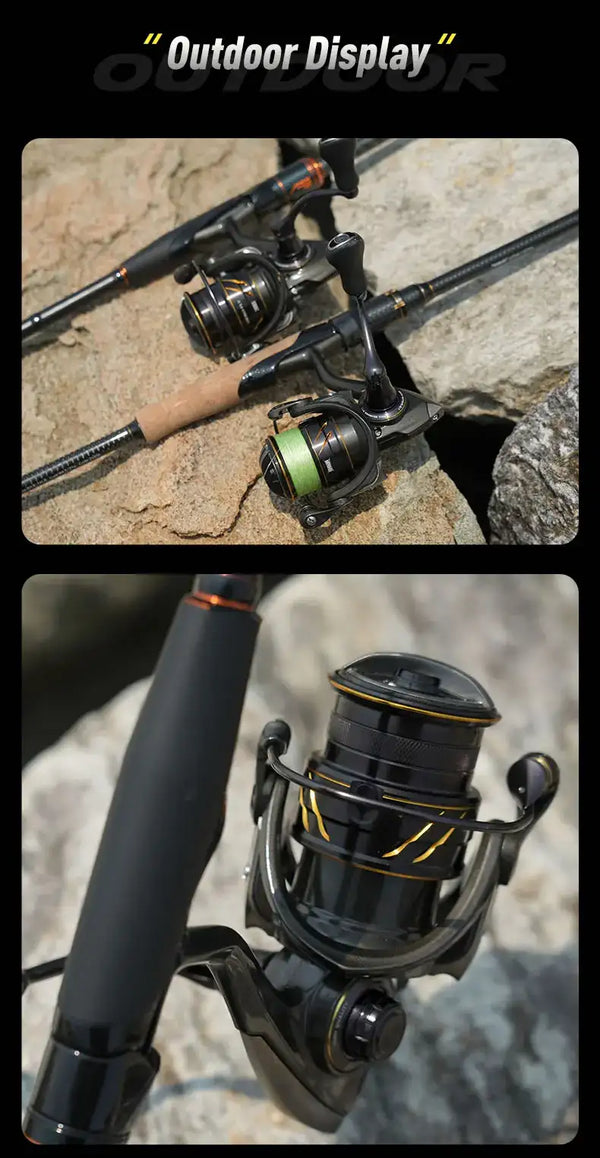 Ultra-light spinning fishing reel set with black housings and green spool accents