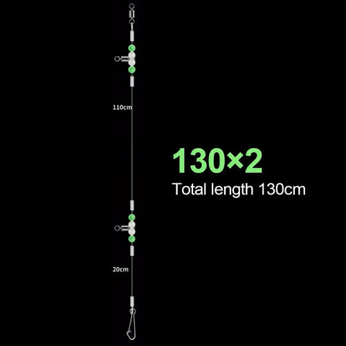 Fishing leader rig with glowing beads, 130cm total length, 2 clips