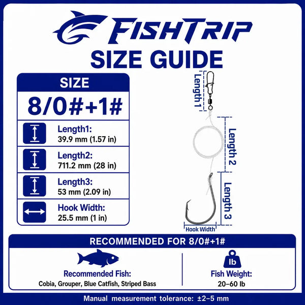 FishTrip size guide card for 8/0+1# offset octopus hooks with swivel, length chart