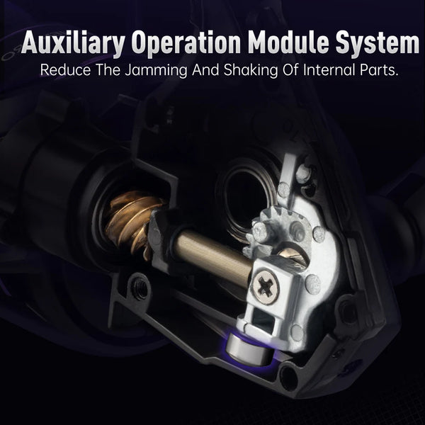 Close-up of spinning reel internal drive mechanism with gold shaft and silver parts