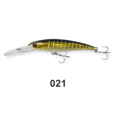 Saltwater trolling minnow wobbler in black-and-gold with chartreuse belly and two treble hooks