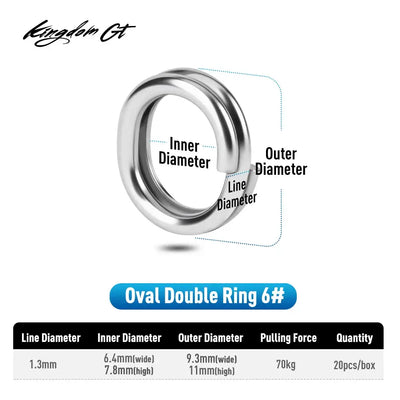 Oval stainless steel double split ring 6#, showing inner and outer diameter