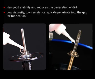 Fishing reel lubrication shown with oil dropper tip applying lubricant to reel parts