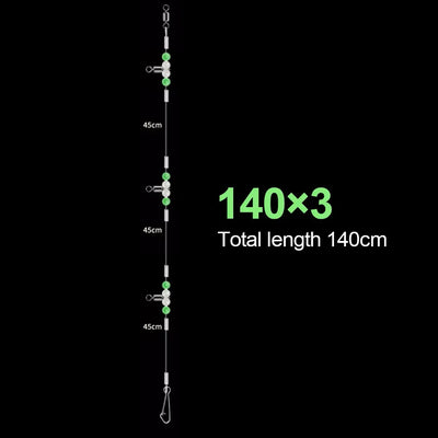 Fishing leader rig with glowing beads, 140cm total length, 3 clips