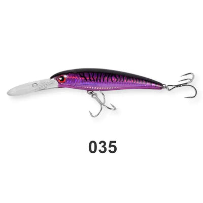 Saltwater trolling minnow wobbler in purple with dark top and two treble hooks