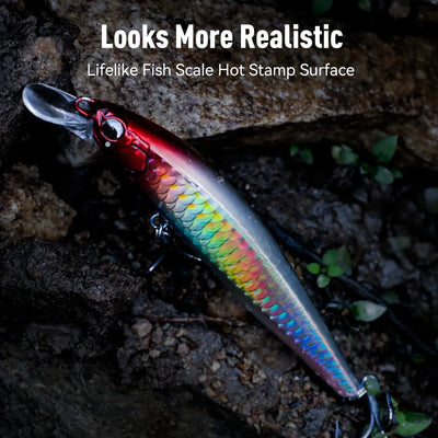 Realistic rainbow-scale diving minnow lure with red face and treble hook, underwater style