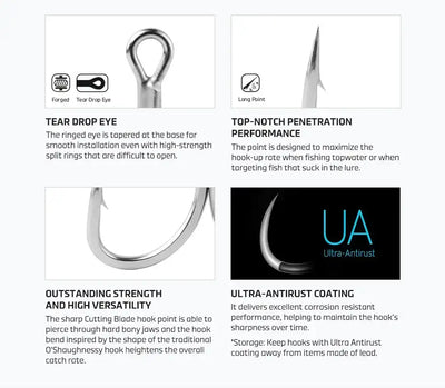 Treble fishing hook with tear-drop eye, three barbed points, anti-rust steel