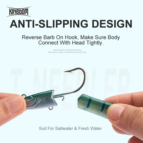 Green soft fishing lure in hand, orange paddle tail and curved jig hook