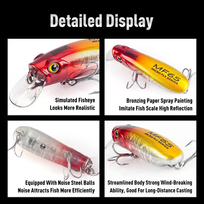 KINGDOM micro fish scales crankbait lure close-up with red, orange, and silver finishes plus treble hooks