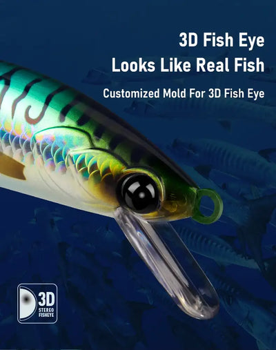 Sinking minnow lure with large 3D fish eye and reflective scales, three treble hooks