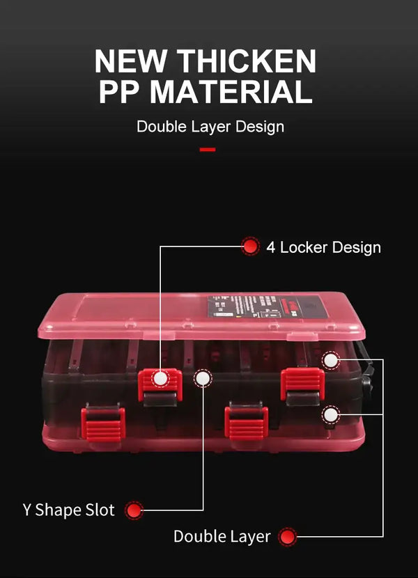 Double-layer plastic tackle box with red transparent lid and four corner lock latches