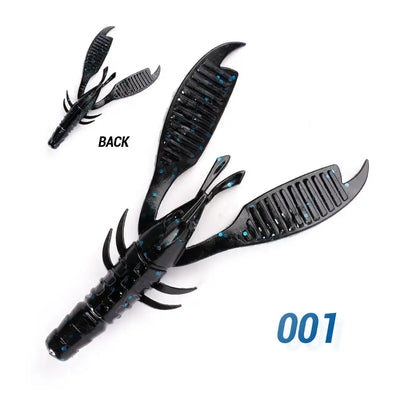 Black craw flapper soft plastic jig trailer with blue speckles, back view