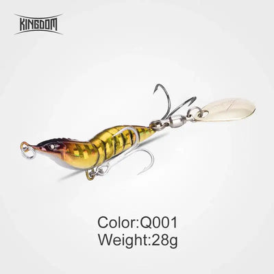 Artificial shrimp spinner lure, gold-yellow body with black head, silver spoon blade and hooks.