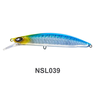 Floating minnow jerkbait with yellow head and teal-blue body with scale texture