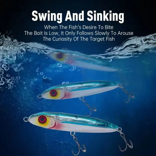 Three metallic colorful leydun ministre jack sinking pencil swimbaits with red yellow eyes silver hooks 80mm 14g