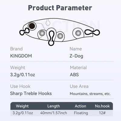 Floating pencil stickbait lure specs diagram with ABS body and treble hooks