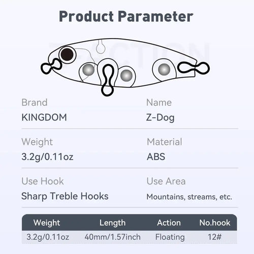 Floating pencil stickbait lure specs diagram with ABS body and treble hooks