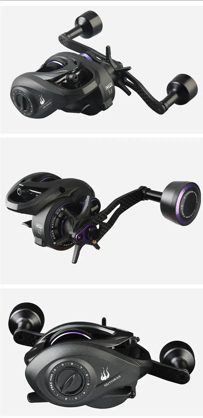 Black baitcasting fishing reel with dual handles and purple accents, multiple views