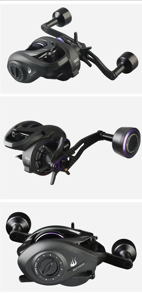 Black baitcasting fishing reel with dual handles and purple accents, multiple views
