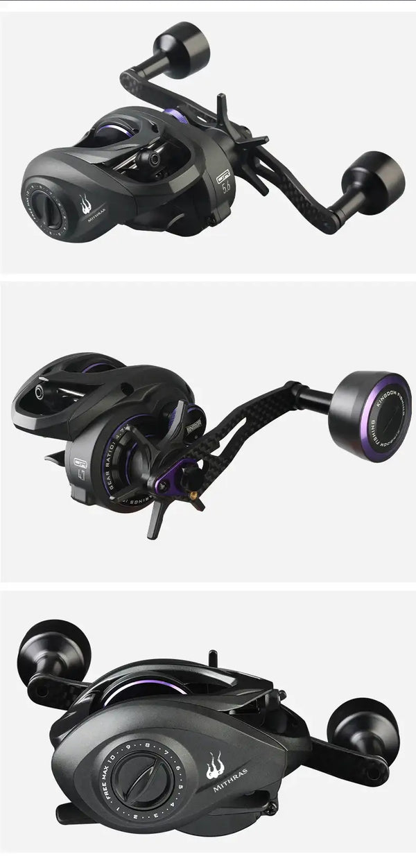Black baitcasting fishing reel with dual handles and purple accents, multiple views