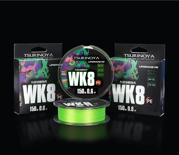 Green braided fishing line spool with two branded boxes