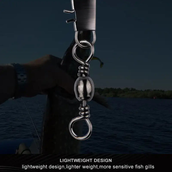 Snap swivel fishing connector on a spring swivel with two metal snap rings