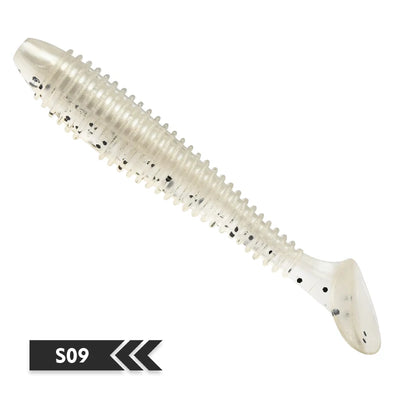 Soft silicone fishing lure, pearl white with black speckles, T-tail, S09 color