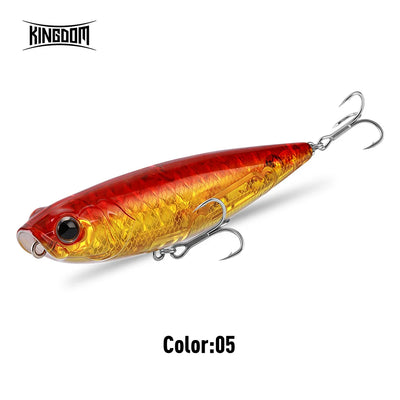 Floating fishing lure, gold-orange translucent pencil bait with black spots and treble hooks
