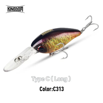 Floating crankbait minnow lure, dark blue and gold with silver lip and treble hooks