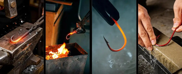 Red fishing hook being forged and sharpened with industrial tools