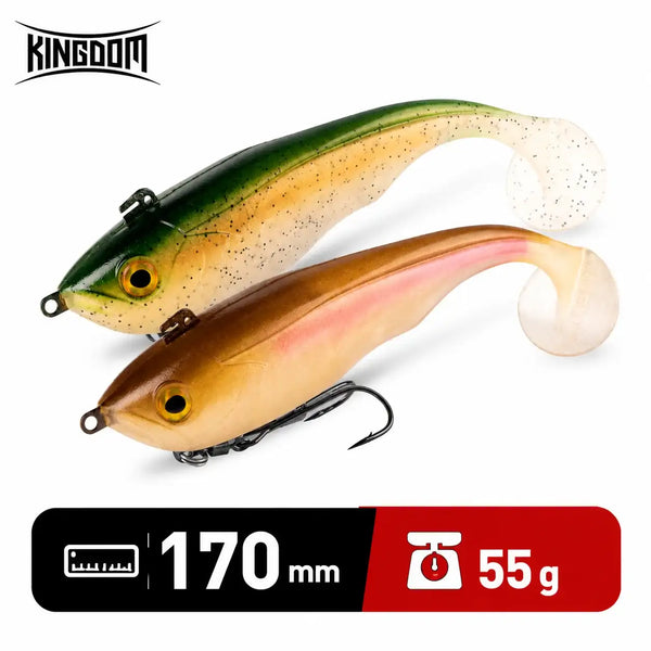 Two-tone sinking soft T-tail lure with jighead and double hooks, green and gold