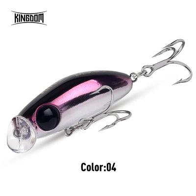 Purple-pink minnow fishing lure with clear lip and triple hooks, color 04