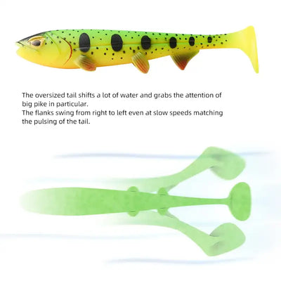 Chartreuse soft paddle-tail swimbait lure with black spots and translucent green variant