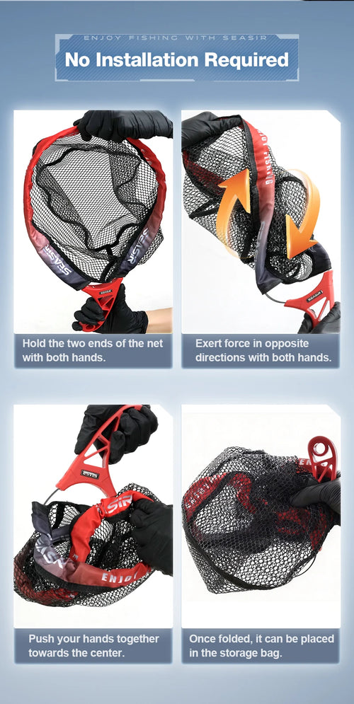 Foldable fishing net showing unfolding and storage-bag packing