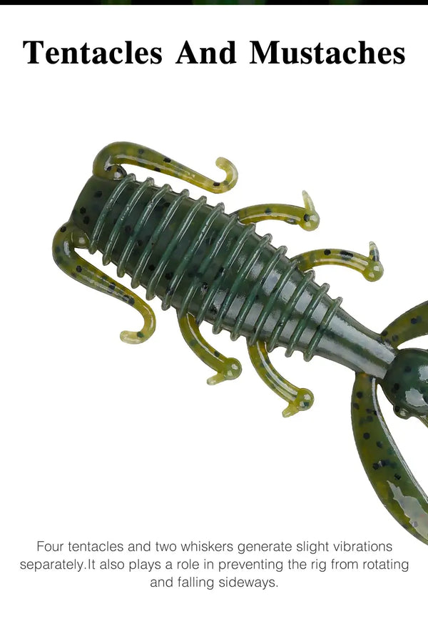 Green soft shrimp worm lure detail with multiple tentacles and curled whiskers