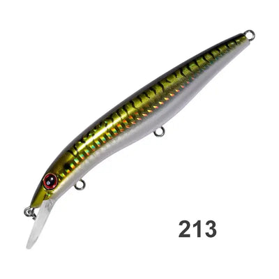 Olive and silver floating minnow hard fishing lure with yellow stripe, treble hooks