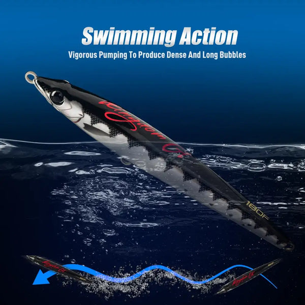 Black and silver floating pencil lure, angled view with front hook and eye