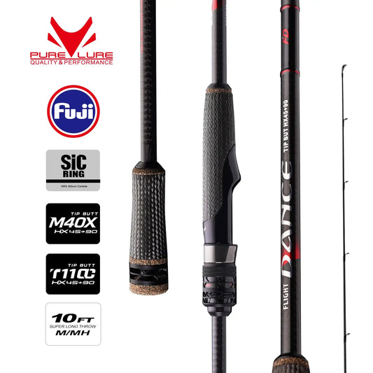 Spinning fishing rod with black textured grip and reel seat, shown with guides and tip.