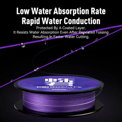 Purple braided fishing line spool with line leading across frame