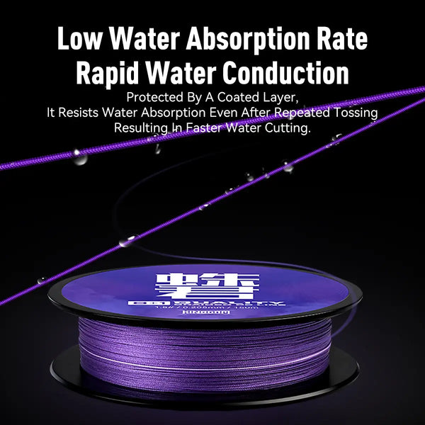 Purple braided fishing line spool with line leading across frame