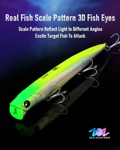 Neon green floating minnow hard bait lure with 3D fish-eye design and three treble hooks