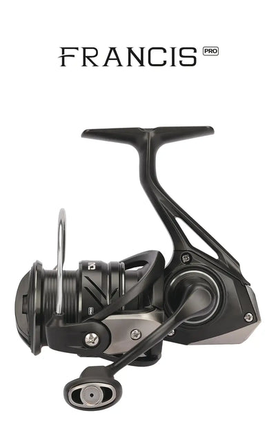 Spinning fishing reel with black handle and spool, silver bail arm, side profile.